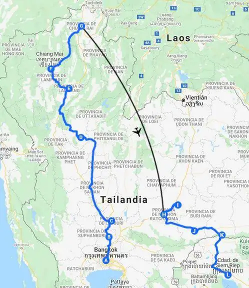 Mapa de la ruta de templos por Tailandia